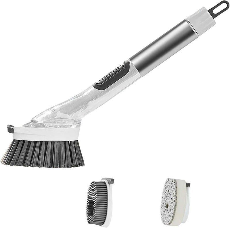 كلاراكو فرشاة غسيل أطباق 3 في 1 بمقبض من الفولاذ المقاوم للصدأ، فرشاة تنظيف الأطباق، فرشاة للتحكم في صابون غسل الأطباق، فرشاة تنظيف للأطباق والمقالي والأواني، رمادي - Image 1