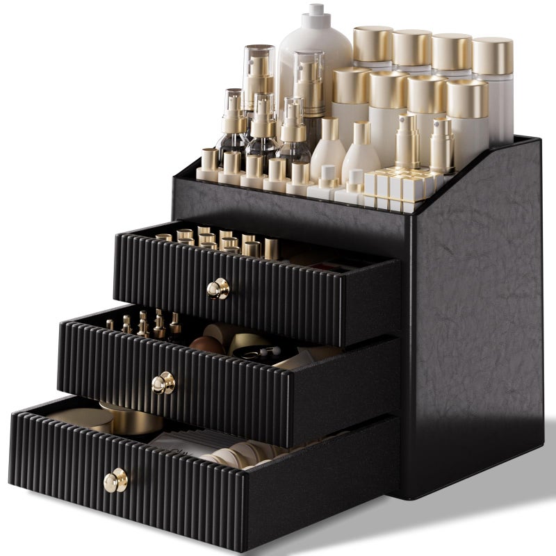 LADSTAG Cosmetic Organizer,Luxury Make up Organizer with 3 shelf Drawers,Black Large Capacity Makeup Organizers for Skincare,Brushes, Dresser,Bedroom,Bathroom,Gifts for Her,Birthday Gifts for Mom - Image 1
