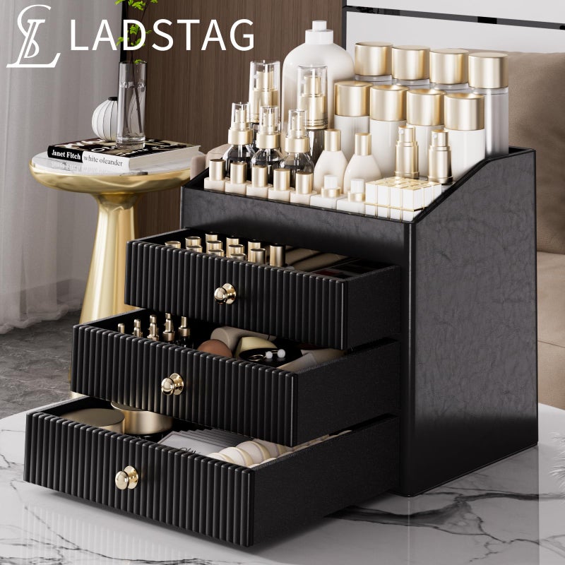 LADSTAG Cosmetic Organizer,Luxury Make up Organizer with 3 shelf Drawers,Black Large Capacity Makeup Organizers for Skincare,Brushes, Dresser,Bedroom,Bathroom,Gifts for Her,Birthday Gifts for Mom - Image 2