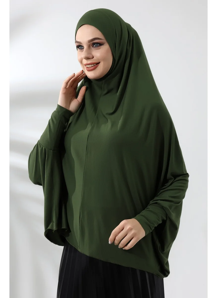 İhvan Online Khaki Ready Practical Sultanbaş Hijab Sleeve Combed Cotton Soufflé Scarf Hijab