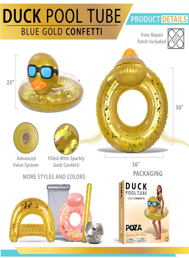 POZA Inflatable Duck Pool Float Tube- Heavy Duty Vinyl UV Resistant Confetti Pool Duck Floatie, Animal Pool Float Swim Ring Pool Inflatables for Kids and Adults for Beach, Party, Vacation - Gold - Image 2
