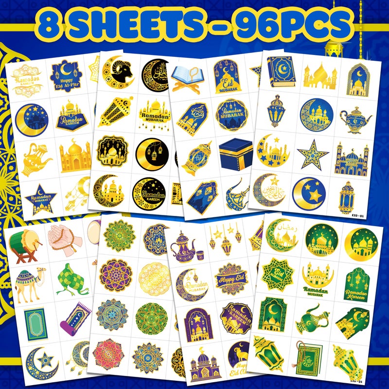 91TATTOOS 120 PCS Happy Ramadan Mubarak Eid Al Fitr Pre-Cut Temporary Tattoos for Kids | Super Cute Themed Birthday Party Favors, Supplies, Decorations, Fake Tattoo Stickers, School Rewards & Gifts Boys & Girls - Image 3