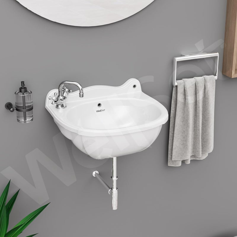 Well Set حوض غسيل سيراميكي مثبت على الحائط للحمام - حوض منزلي ومكتبي وفندقي 165X13X9 إنش - Image 1