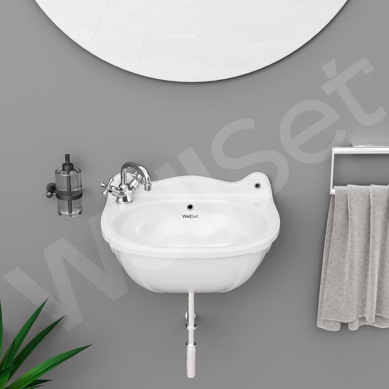 Well Set حوض غسيل سيراميكي مثبت على الحائط للحمام - حوض منزلي ومكتبي وفندقي 165X13X9 إنش - Image 2