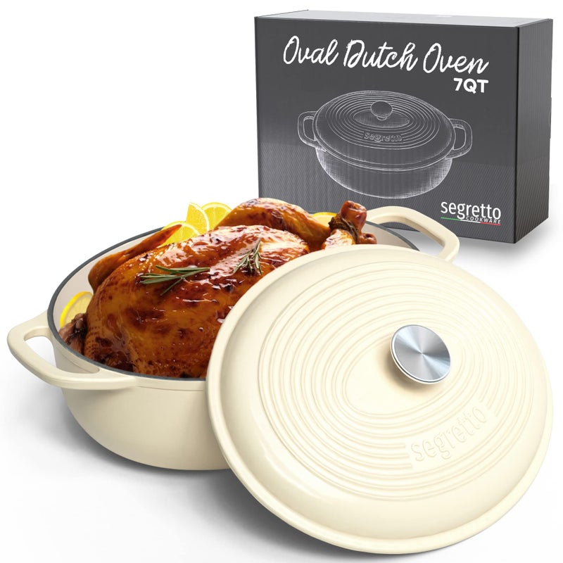 Segretto Cookware Enameled Oval Cast Iron Dutch Oven with Handle  7 Quarts  Bianco Perla (Pearl White)  7qt Dutch Oven Pot with Lid Cast Iron Enamel Dutch Oven for Bread Baking  Basting  Cooking  Soups - Image 2