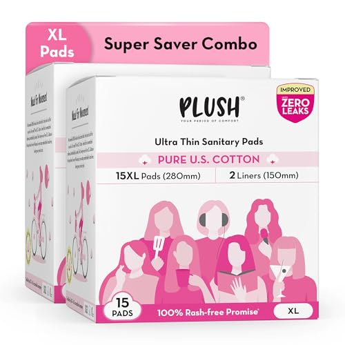 Plush Ultra-Thin Sanitary Pads for Women XL, 15 Pcs (Pack of 2) | For Light-Medium Flow | 4 Panty Liners | Rash-Free | Pure U.S. Cotton | No Fragrance | No Toxic-Chemicals - Image 1
