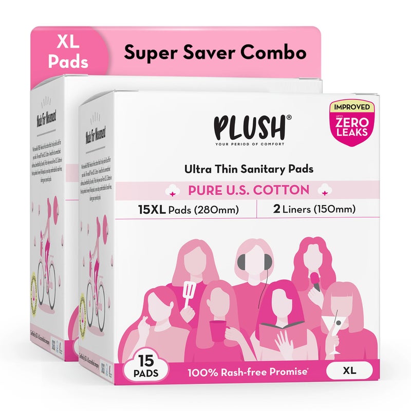 Plush Ultra-Thin Sanitary Pads for Women XL, 15 Pcs (Pack of 2) | For Light-Medium Flow | 4 Panty Liners | Rash-Free | Pure U.S. Cotton | No Fragrance | No Toxic-Chemicals - Image 2