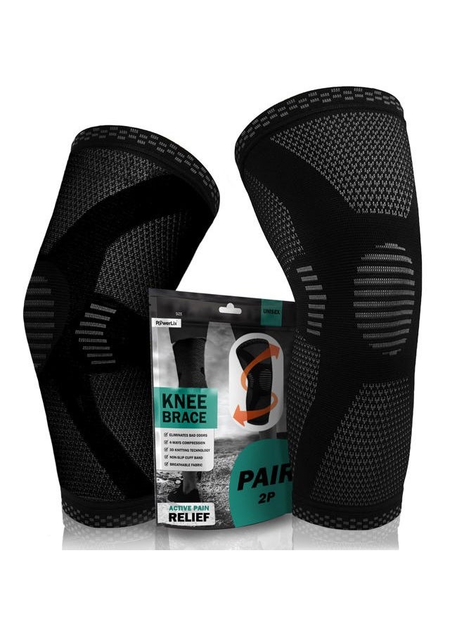 POWERLIX - Knee Compression Sleeve (Pair) - Best Knee Brace for Knee Pain for Men & Women – Knee Support for Running, Basketball, Volleyball, Weightlifting, Gym, Workout, Sports - (Black M) - Image 1