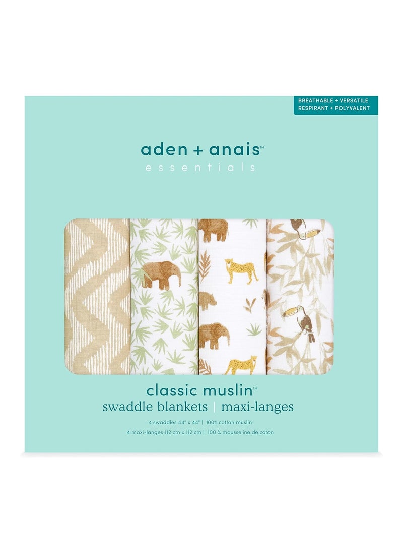 aden + anais - Essentials Muslin Swaddle Blankets For Baby Girls And Boys, Newborn Receiving Blanket For Swaddling, 100% Cotton Baby Swaddle Wrap, 4 Pack, Tanzania - Image 1