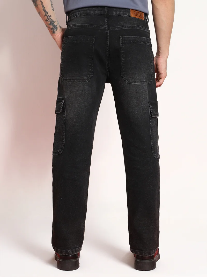 Urbano Fashion  Urbano Fashion Men's Black Regular Fit Washed Cargo Jeans with 6 Pockets Stretchable  | Best Price UAE