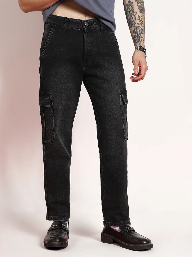 Urbano Fashion Men's Black Regular Fit Washed Cargo Jeans with 6 Pockets Stretchable