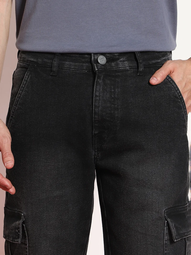 Urbano Fashion  Urbano Fashion Men's Black Regular Fit Washed Cargo Jeans with 6 Pockets Stretchable  | Best Price UAE