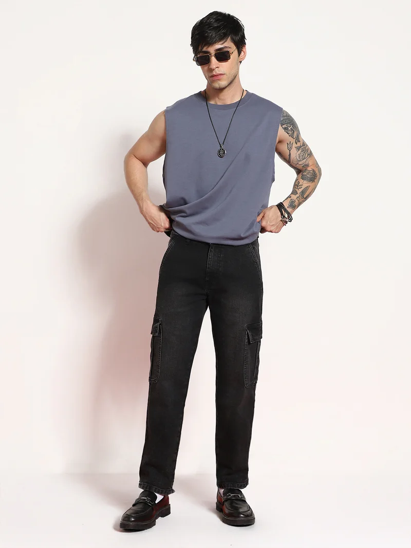 Urbano Fashion  Urbano Fashion Men's Black Regular Fit Washed Cargo Jeans with 6 Pockets Stretchable  | Best Price UAE