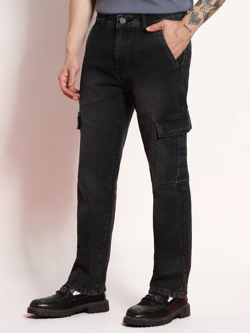 Urbano Fashion  Urbano Fashion Men's Black Regular Fit Washed Cargo Jeans with 6 Pockets Stretchable  | Best Price UAE