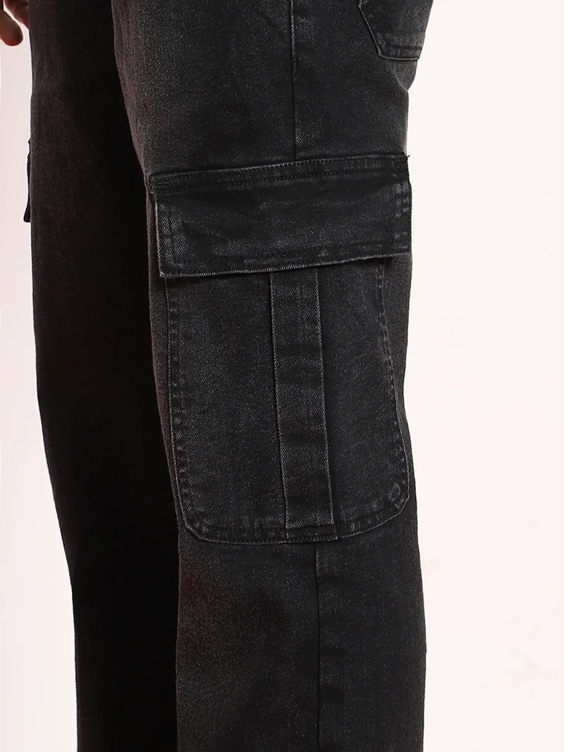 Urbano Fashion  Urbano Fashion Men's Black Regular Fit Washed Cargo Jeans with 6 Pockets Stretchable  | Best Price UAE