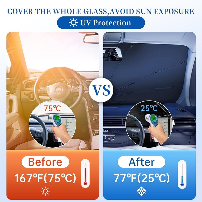 BLUE OCEAN Car Windshield Sun Shade Umbrella - Foldable Front Windscreen Sunshade, UV Heat Block, Universal Fit for Car SUV Truck Van - Image 3