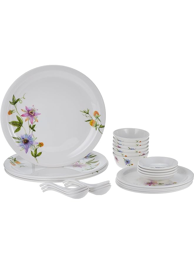 Servewell Melamine 24 Pcs Dinner Set Tdw Mimosa Design 11 Inch Dinner Plate 4Pc 7 Inch Small Plate 4Pc Bowl 9.5Cm 6Pc Sauce Dish 10Cm 4Pc Soup Spoon 13.5Cm 6Pc - Image 1