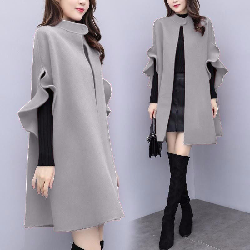 New Womens Clothing Large Size Mid-length Woolen Coat for Spring, Autumn and Winter Womens Red British A- Line Cloak Woolen Coat Grey 