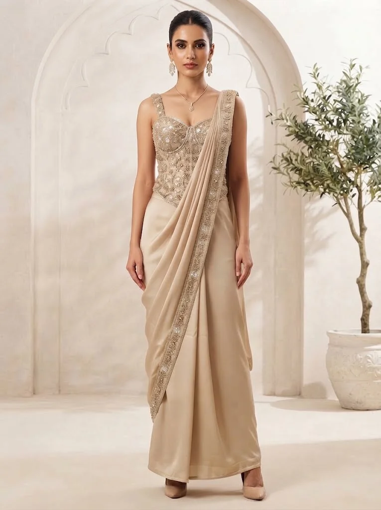 Viny VINY Ivory 2-Piece Embellished Pre-Draped Saree Set – Women's Indian Ethnic Wear