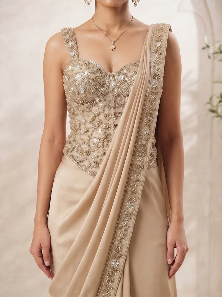 Viny VINY Ivory 2-Piece Embellished Pre-Draped Saree Set – Women's Indian Ethnic Wear