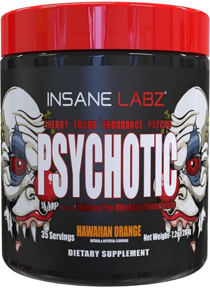 Insane labz Insane Labz Psychotic, High Stimulant Pre Workout Powder, Extreme Lasting Energy, Focus and Endurance with Beta Alanine, Creatine Monohydrate DMAE, 35 Srvgs (Hawaiian Orange)… 