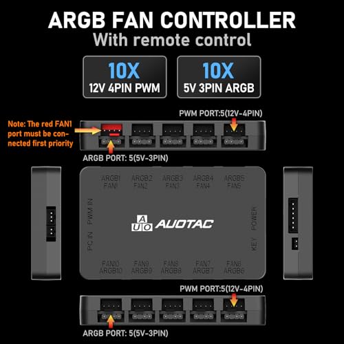 Auotac ARGB Controller PWM Fan Hub with RF Remote, (Connect Ten Case Fans, 5V 3Pin ARGB & 12V 4Pin PWM Fan Connector, Dual SATA Power Input, Magnetic Suction), Black - Image 3