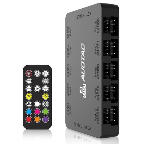 Auotac ARGB Controller PWM Fan Hub with RF Remote, (Connect Ten Case Fans, 5V 3Pin ARGB & 12V 4Pin PWM Fan Connector, Dual SATA Power Input, Magnetic Suction), Black - Image 1