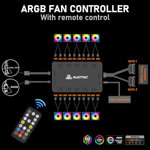 Auotac ARGB Controller PWM Fan Hub with RF Remote, (Connect Ten Case Fans, 5V 3Pin ARGB & 12V 4Pin PWM Fan Connector, Dual SATA Power Input, Magnetic Suction), Black - Image 2