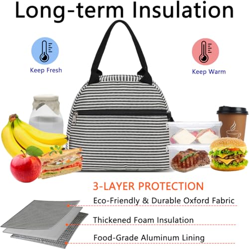 GYEUKHAM Lunch Bag Women Lunch Box for Adult Men Kids Girls Small Cute Lunchbox Tote Large Capacity Insulated Lunch Container Cooler for Work School Picnic Travel Black White Stripes - Image 3
