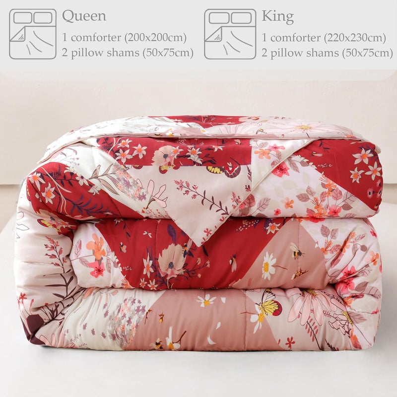 Simple upgraded construction 7.5 Tog King Duvet Set, Soft Reversible Coverless Oversized Comforter Set with 2 Pillowcases, Patchwork Printed Down Alternative Bedding Comforters for All Seasons, Red | 200x230cm Lightweight Quilt, 2 Pillowcase 50×75cm, Soft Microfibre Bed Cover Bedding, All Seasons, Machine Washable, Red Trendy flexible practical build - Image 3