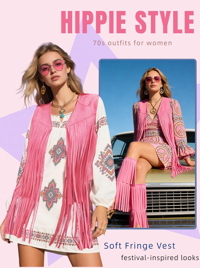 Verceco Hippie Costume for Women 60s 70s Retro Disco Outfit with Fringe Vest Adult Women Hippie Accessories Hippie Fringe Boot Covers (Pink, M) - Image 4