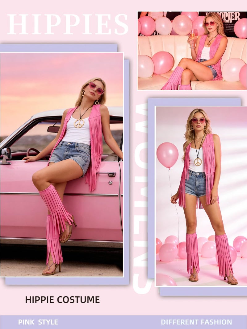 Verceco Hippie Costume for Women 60s 70s Retro Disco Outfit with Fringe Vest Adult Women Hippie Accessories Hippie Fringe Boot Covers (Pink, M) - Image 5