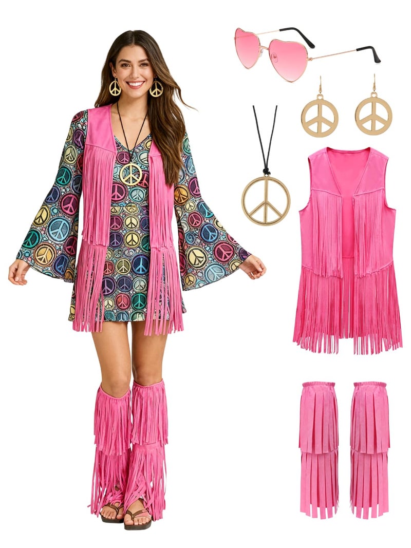 Verceco Hippie Costume for Women 60s 70s Retro Disco Outfit with Fringe Vest Adult Women Hippie Accessories Hippie Fringe Boot Covers (Pink, M) - Image 1