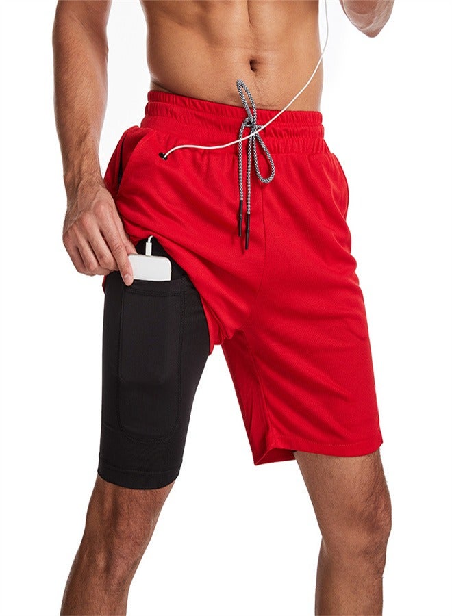 Loquat Men's 2-in-1 Quick Drying Casual Fitness Shorts Red  - Image 1