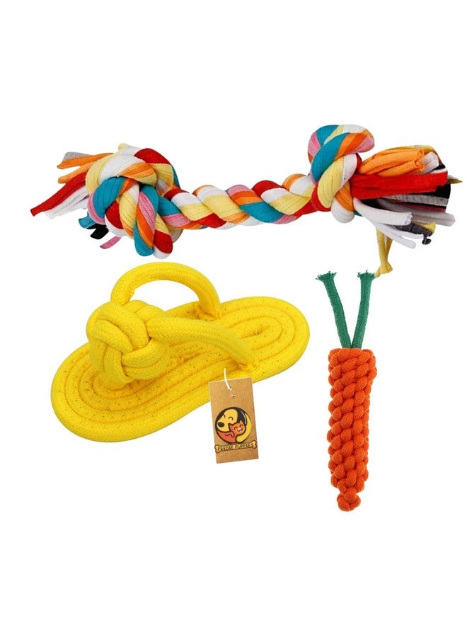 Generic Durable Cotton Mix Chewable Rope Teething Playing Toy For Puppies, Kittens, And Medium Dogs (2 Knot Rope, Slipper Rope & Carrot Rope - 3 In 1 Combo Offer) (Color May Vary)  - Image 1