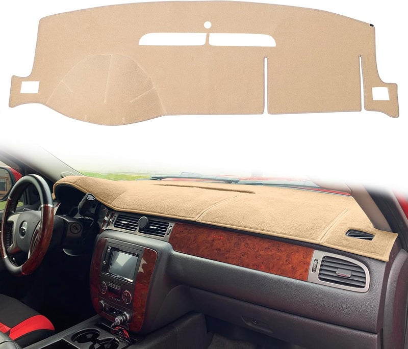 HanLanKa غطاء لوحة القيادة حصيرة لوحة القيادة مناسبة لسيارات 2007-2014 Chevy Chevrolet Tahoe Suburban، و 2007-13 Chevy Avalanche Silverado 1500 2500 3500 LTZ / 2007-13 GMC Sierra SLT Denali، و 2007-14 GMC Yukon XL (بيج) - Image 1