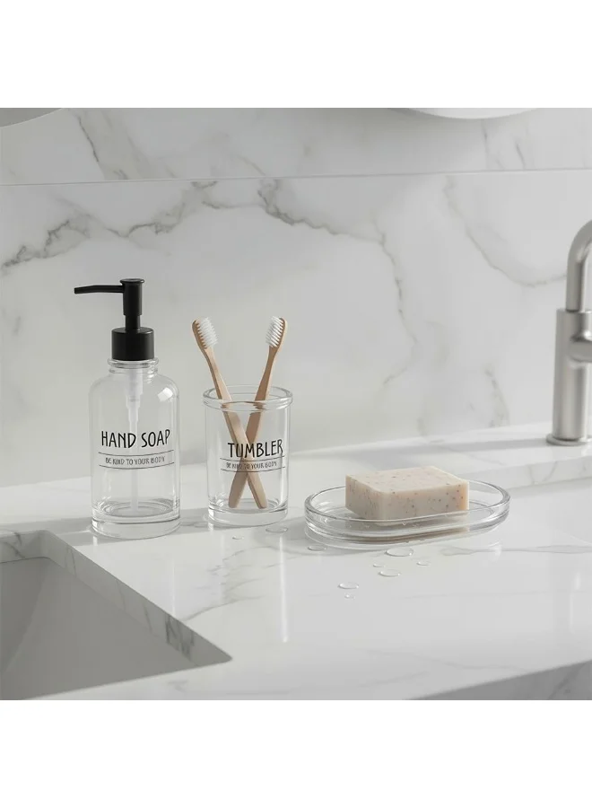DANUBE HOME Adelyn 3-Pc Glass Minimalistic Bath Set - Clear Lotion Dispenser, Tumbler & Soap Dish - Modern Home Decor for Bathroom - Sleek & Elegant Design
