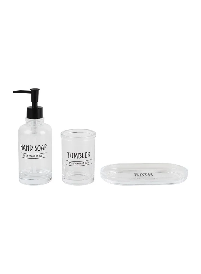 DANUBE HOME Adelyn 3-Pc Glass Minimalistic Bath Set - Clear Lotion Dispenser, Tumbler & Soap Dish - Modern Home Decor for Bathroom - Sleek & Elegant Design