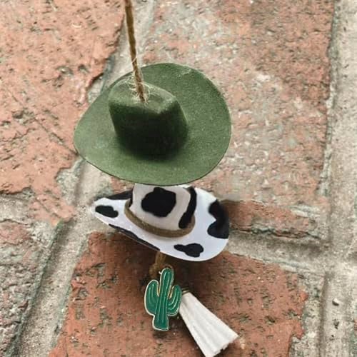 Agromusk Cowboy Hat Car Charm,Country Rear View Mirror Hanging Accessories,Sunflower Cowgirl Hat Cow Print Car Decor,Cute Handmade Felt Mini Hat Ornament Pendent for Women Girls (Green) - Image 1