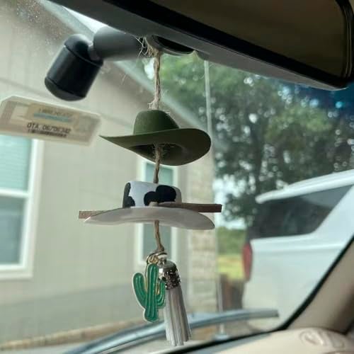 Agromusk Cowboy Hat Car Charm,Country Rear View Mirror Hanging Accessories,Sunflower Cowgirl Hat Cow Print Car Decor,Cute Handmade Felt Mini Hat Ornament Pendent for Women Girls (Green) - Image 5