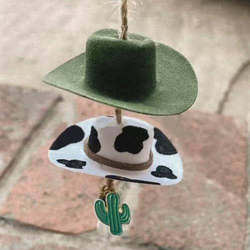 Agromusk Cowboy Hat Car Charm,Country Rear View Mirror Hanging Accessories,Sunflower Cowgirl Hat Cow Print Car Decor,Cute Handmade Felt Mini Hat Ornament Pendent for Women Girls (Green) - Image 3