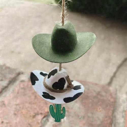 Agromusk Cowboy Hat Car Charm,Country Rear View Mirror Hanging Accessories,Sunflower Cowgirl Hat Cow Print Car Decor,Cute Handmade Felt Mini Hat Ornament Pendent for Women Girls (Green) - Image 2