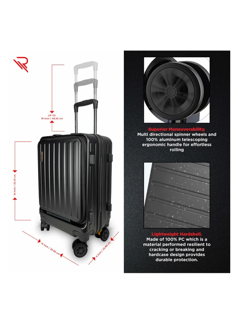 Reflection REFLECTION Premium Quality Business Travel Carry On Hardside Luggage with Front Open Laptop Compartment and 4 Spinner Wheels, Grey, 20 inches