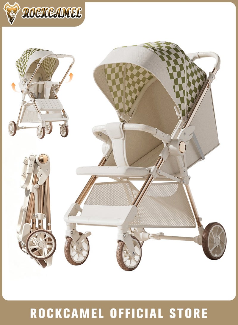 ROCKCAMEL Stylish Travel Baby Stroller, Reversible & Easy Foldable Baby Pushchair, Premium Aluminum Alloy Frame, Portable Lightweight Stroller For Outdoor Travel, Equipped With Widened Seat And Large Sun Canopy, White And Green - Image 1