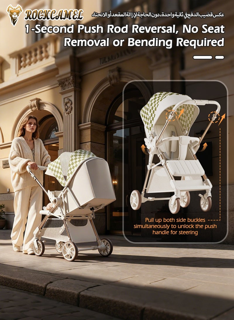 ROCKCAMEL Stylish Travel Baby Stroller, Reversible & Easy Foldable Baby Pushchair, Premium Aluminum Alloy Frame, Portable Lightweight Stroller For Outdoor Travel, Equipped With Widened Seat And Large Sun Canopy, White And Green - Image 2