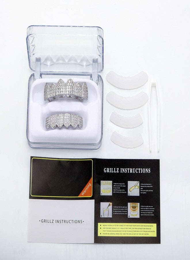 TOPGRILLZ Diamond Grillz for Women Iced Grills for Your Teeth for Men Silver Grillz for Teeth Micro Pave 6 Fang 18K Gold Plated Rapper Costume Teeth Hip Hop Accessory Jewelry (Silver) - Image 4