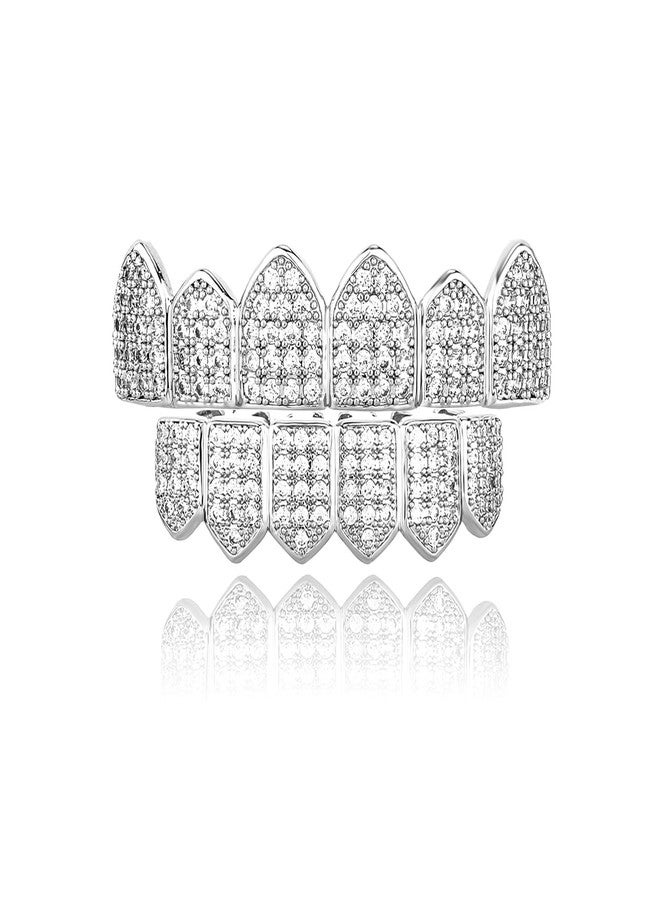 TOPGRILLZ Diamond Grillz for Women Iced Grills for Your Teeth for Men Silver Grillz for Teeth Micro Pave 6 Fang 18K Gold Plated Rapper Costume Teeth Hip Hop Accessory Jewelry (Silver) - Image 1