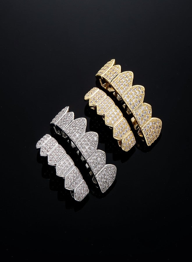 TOPGRILLZ Diamond Grillz for Women Iced Grills for Your Teeth for Men Silver Grillz for Teeth Micro Pave 6 Fang 18K Gold Plated Rapper Costume Teeth Hip Hop Accessory Jewelry (Silver) - Image 3