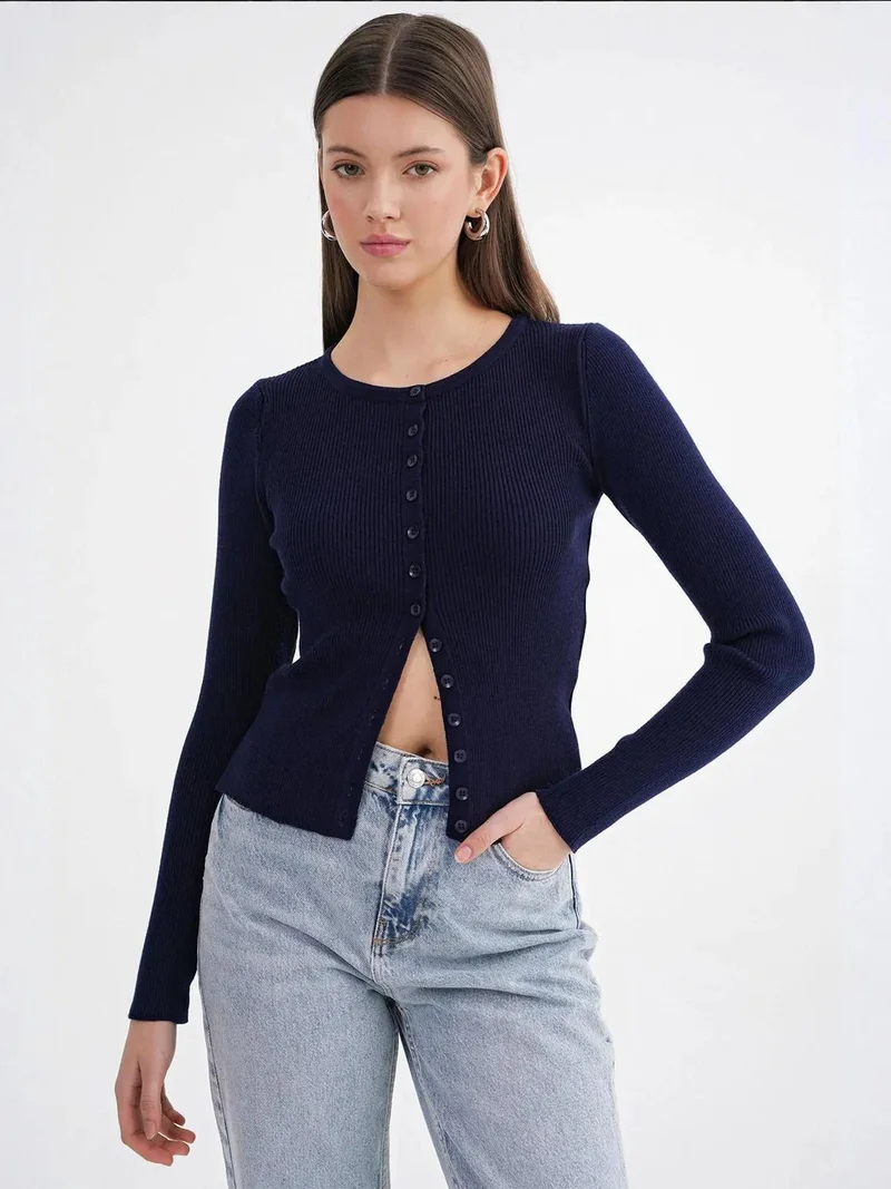 MixRay Mixray Buttoned Slim Fit Ribbed Knit Cardigan
