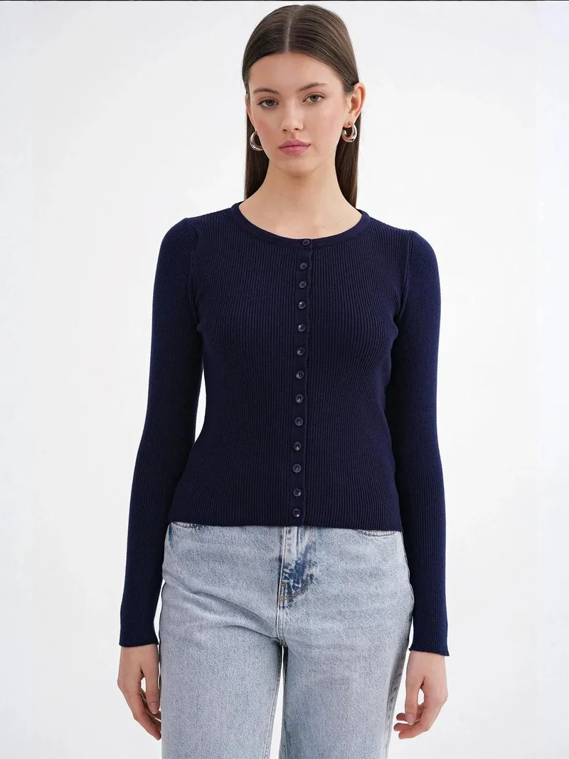 MixRay Mixray Buttoned Slim Fit Ribbed Knit Cardigan